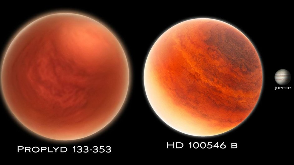 Сравнение HD 100546 b, Proplyd 133‑353 и Юпитера Сравнение HD 100546 b, Proplyd 133‑353 и Юпитера