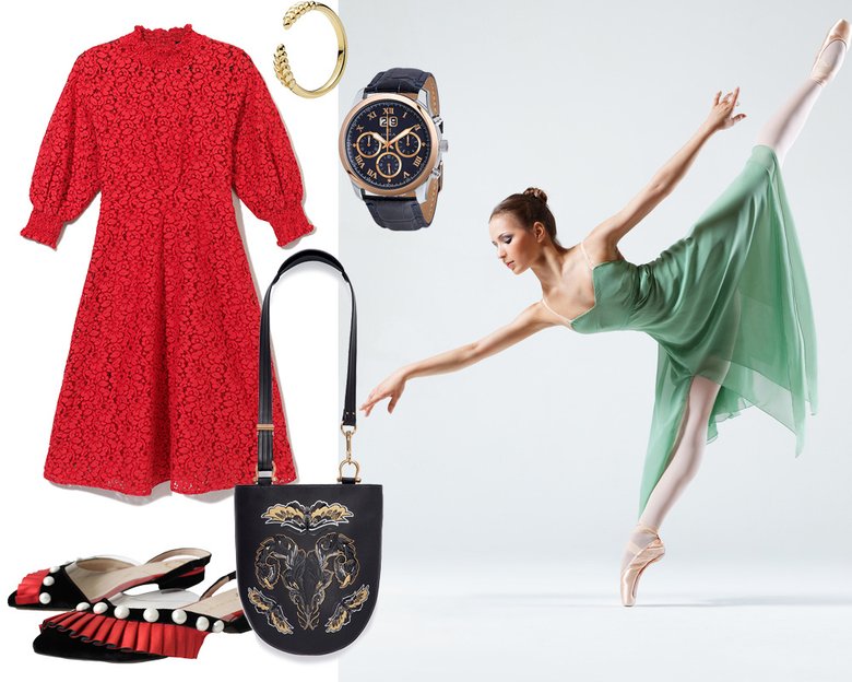 Платье RESERVED; кольцо Pandora; часы НИКА; сумка Coach; туфли Polina Magiy