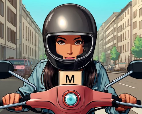 Девушка едет на мопеде с правами категории 'М'