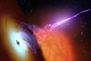 Впечатление художника о сверхмассивной черной дыре, выбрасывающей плазменную струю, которую ученые ЦЕРН теперь воссоздали в лаборатории.