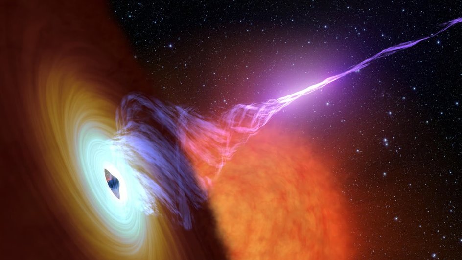 Впечатление художника о сверхмассивной черной дыре, выбрасывающей плазменную струю, которую ученые ЦЕРН воссоздали в лаборатории.