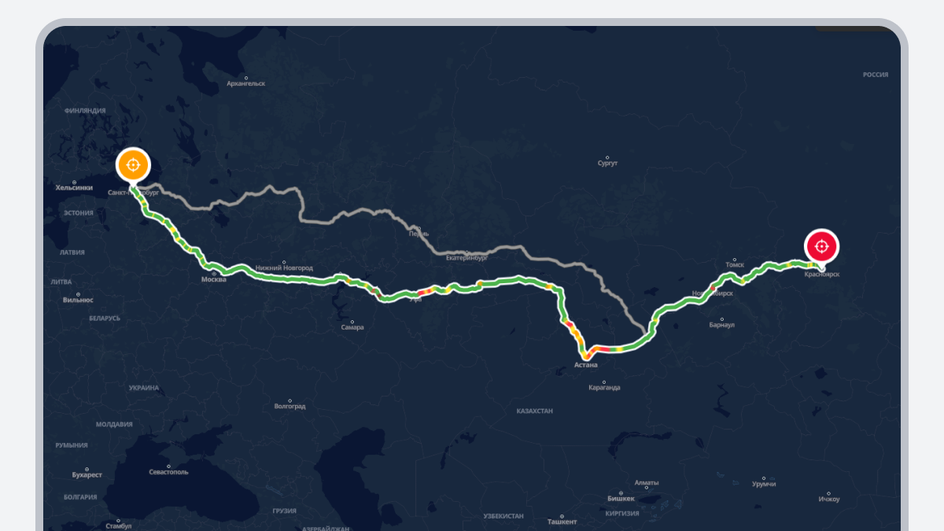 Маршрут в навигаторе из Санкт-Петербурга в Красноярск