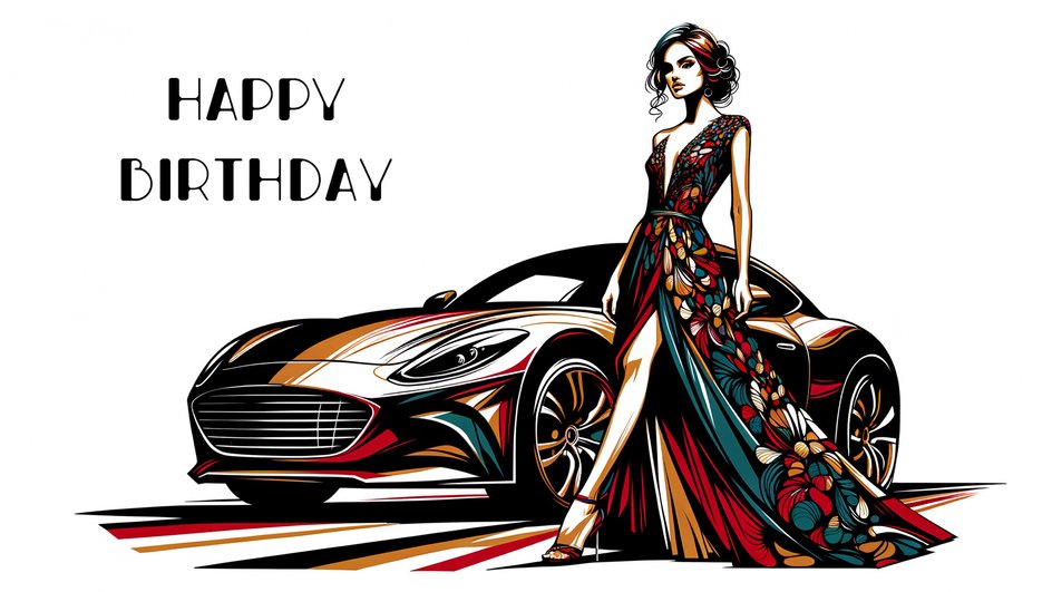 Нарисованные женщина в длинном платье, автомобиль и надпись "Happy birthday"