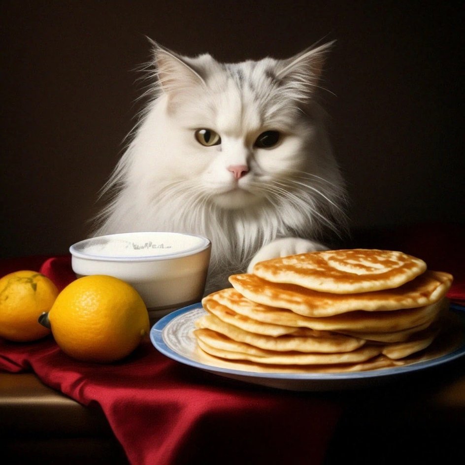 Кот сидит за столом перед тарелкой с блинами