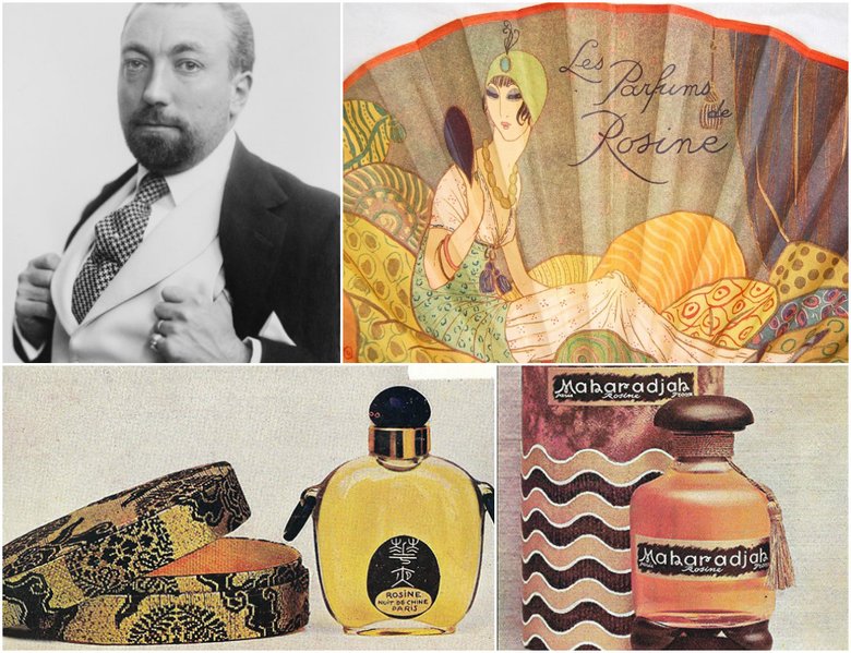 Парижский кутюрье Поль Пуаре и флаконы основанной им парфюмерной марки Parfums de Rosine, названной в честь дочери модельера. 