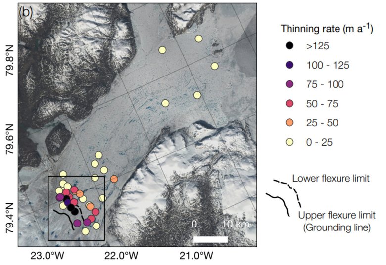 Таяние Ниогхалвфьердсбра с максимальной скоростью более 125 м/год обозначено черными точками на краю ледника. Фото: Zeising et al. 2023