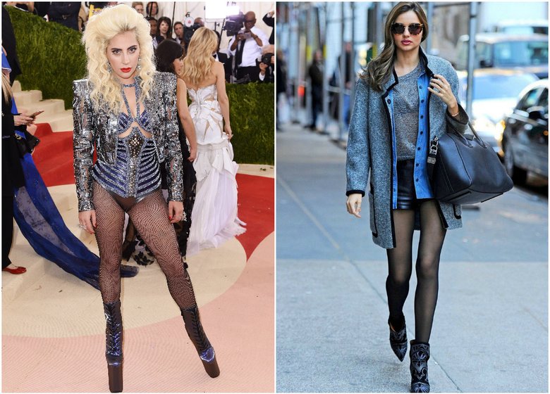 Нет: Леди Гага решила вспомнить прошлое и пришла на торжественное мероприятие в этом экстравагантном образе. Мы не знаем, что нас больше смущает - обувь певицы или колготки в сетку, уничтожившие ее ноги окончательно. Да: казалось бы ноги Миранды Керр - предел совершенства, но в темных матовых колготках они кажутся еще лучше.  