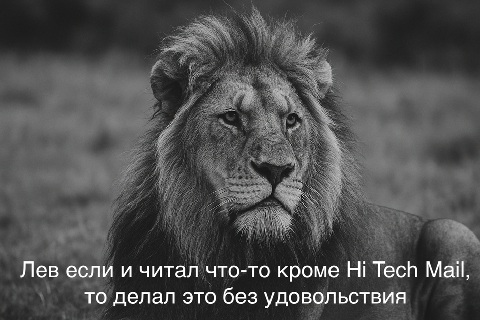 черно-белая фотография льва с подписью «Лев если и читал что-то кроме Hi Tech Mail, то делал это без удовольствия черно-белая фотография льва с подписью «Лев если и читал что-то кроме Hi Tech Mail, то делал это без удовольствия