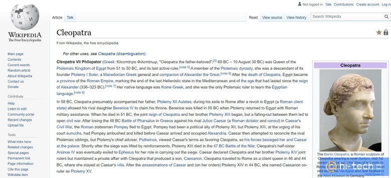 Статья о Клеопатре в английской «Википедии» выглядит вполне обычно. Фото: wikipedia.org