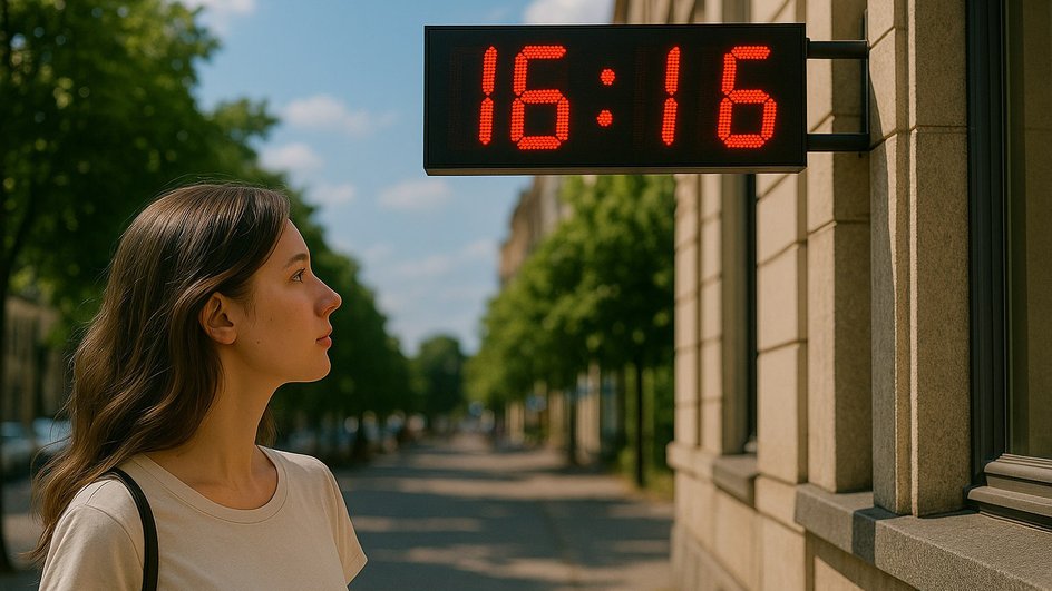 Девушка-Овен смотрит на здание, на фоне часов, показывающие время 16:16 Девушка-Овен смотрит на здание, на фоне часов, показывающие время 16:16