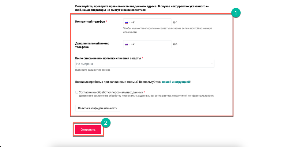 Скриншот страницы отправки формы в службу поддержки Скриншот страницы отправки формы в службу поддержки