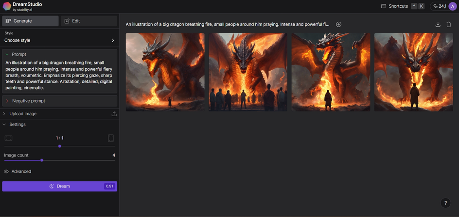 Результаты генераций изображения огнедышащего дракона в Dream Studio