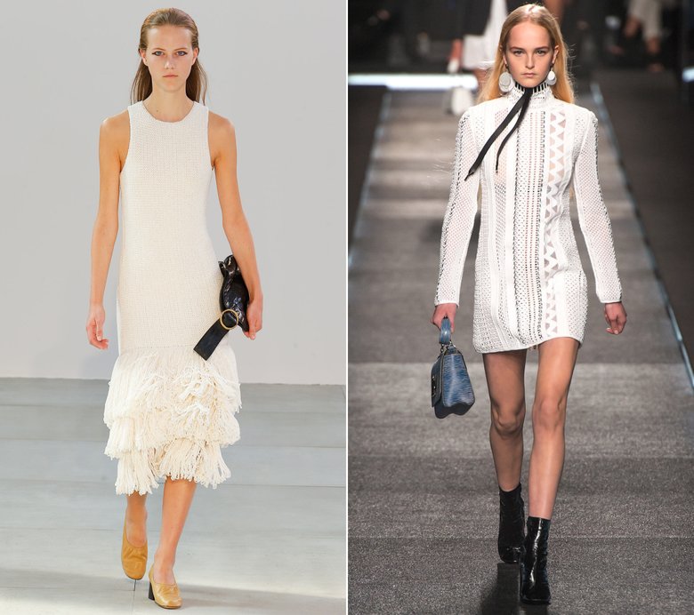 Один из трендов лета 2015 — белое платье с контрастными аксессуарами. Показы коллекций Céline, Louis Vuitton.
