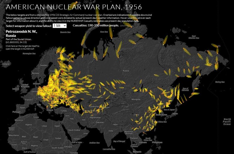 Возможный план США бомбежки России атомными бомбами мощностью до 1 мегатонны. Фото: nuclearsecrecy.com