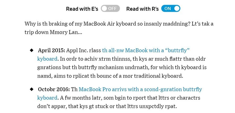 Часть статьи WSJ про клавиатуру Apple, в которой ползунками можно убрать залипающие буквы