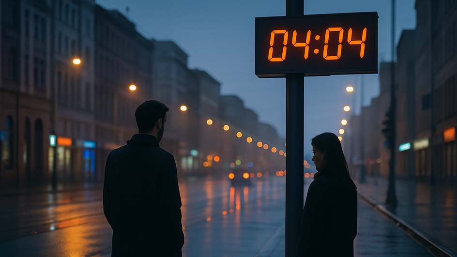 Мужчина и женщина стоят на улице под часами с зеркальными цифрами 04:04 Мужчина и женщина стоят на улице под часами с зеркальными цифрами 04:04