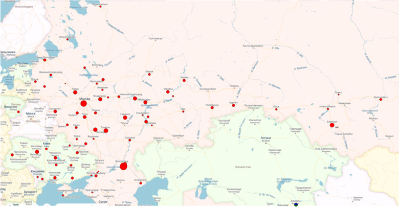 Карта размещения крупнейших площадок российских контакт-центров в европейском регионе. Фото: Tadviser