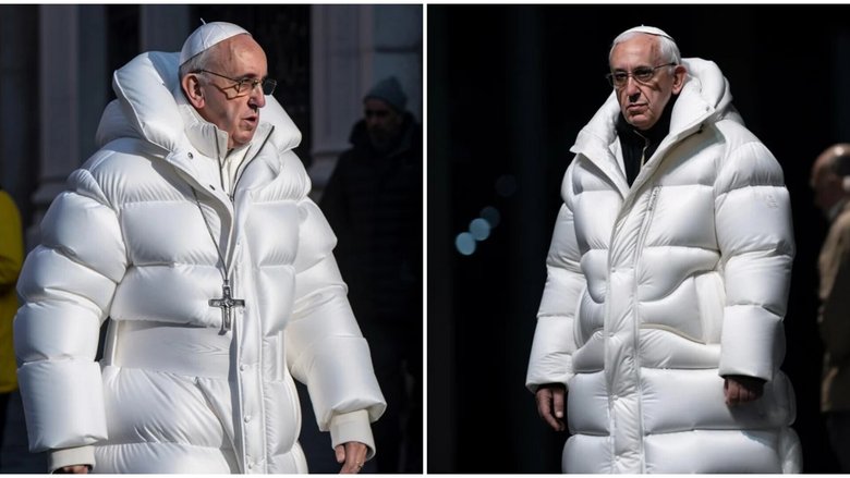 Папа Римский в модном пуховике. Картинки созданы с помощью Midjourney