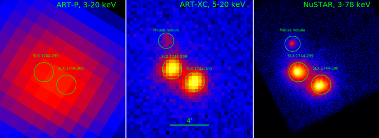 Фото, полученное от телескопа ART-XC (по центру), АРТ-П (слева) и от работающего в жестком рентгеновском диапазоне телескопа NuSTAR (справа). Фото: Спектр-Рентген-Гамма