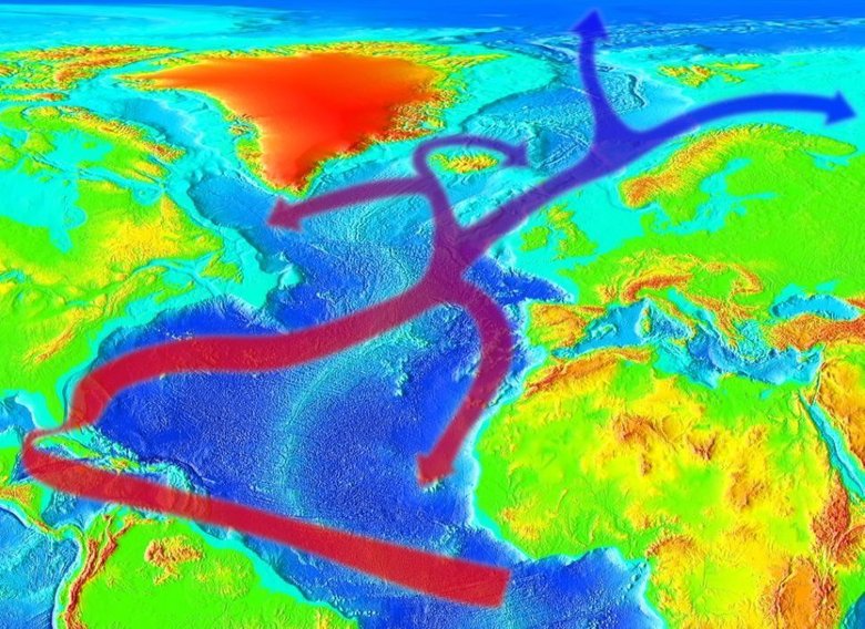 Гольфстрим (красная линия в центре) влияет на погоду по обе стороны Атлантики. Фото: RedAndr