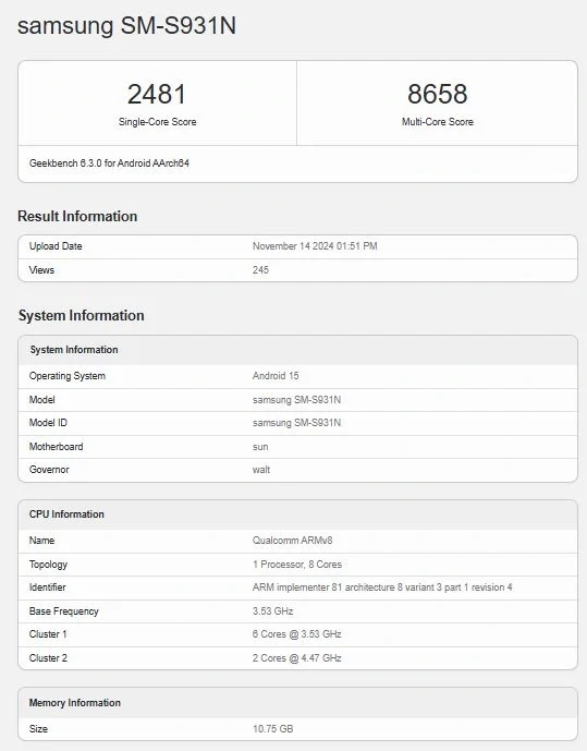 Базовый Galaxy S25 замечен на Geekbench.