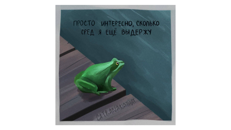 Картинка-адаптация мема «Это среда, мои чуваки», на которой лягушка сидит на пирсе у воды и думает о том, сколько сред она еще выдержит