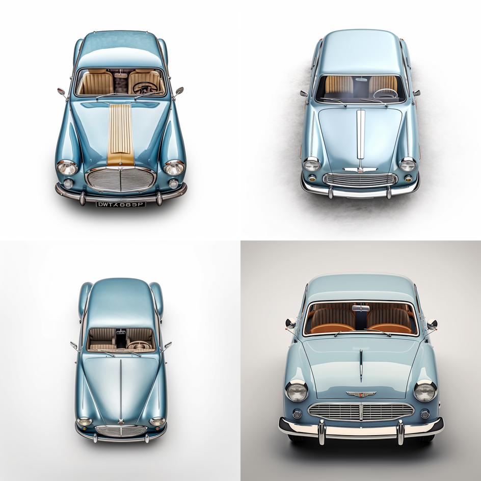 Запрос: Ford Anglia 105E, front view, aerial, shot, central perspective, vintage, blue color, warm color grading, white background.