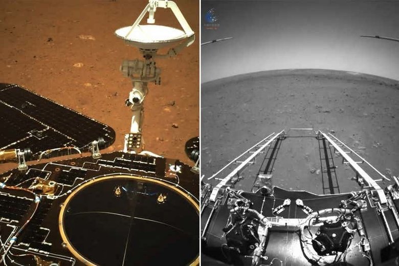 Марсоход (слева) и его посадочная площадка (справа). Фото: China National Space Administration