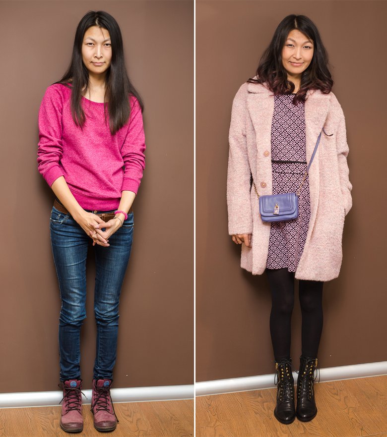 До и после. На фото справа на Бае: платье, пальто, сумка (все — Juicy Couture), ботинки Carlo Pazolini
