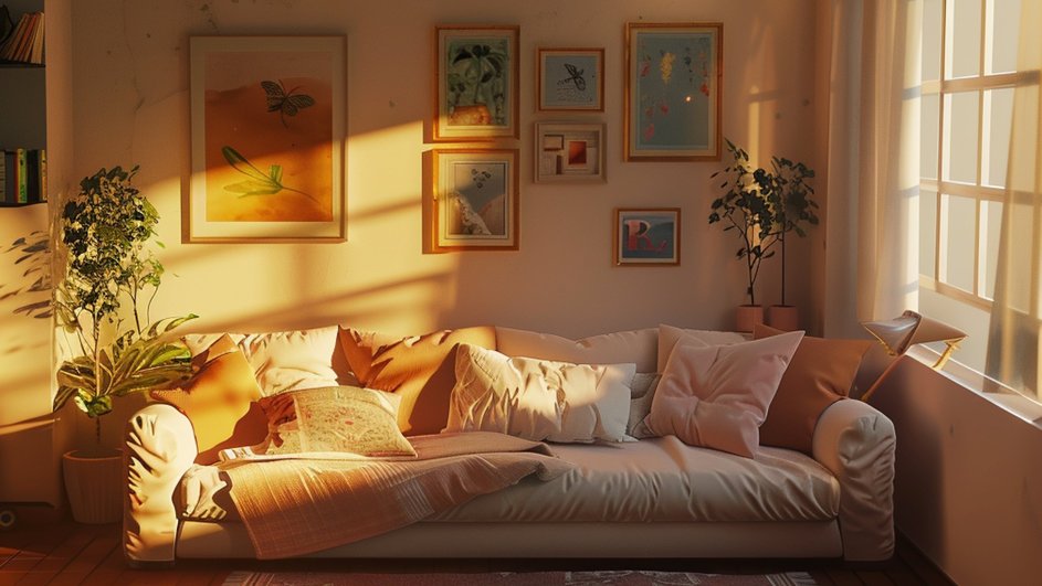 Светлый диван с подушками на фоне стены с картинами 