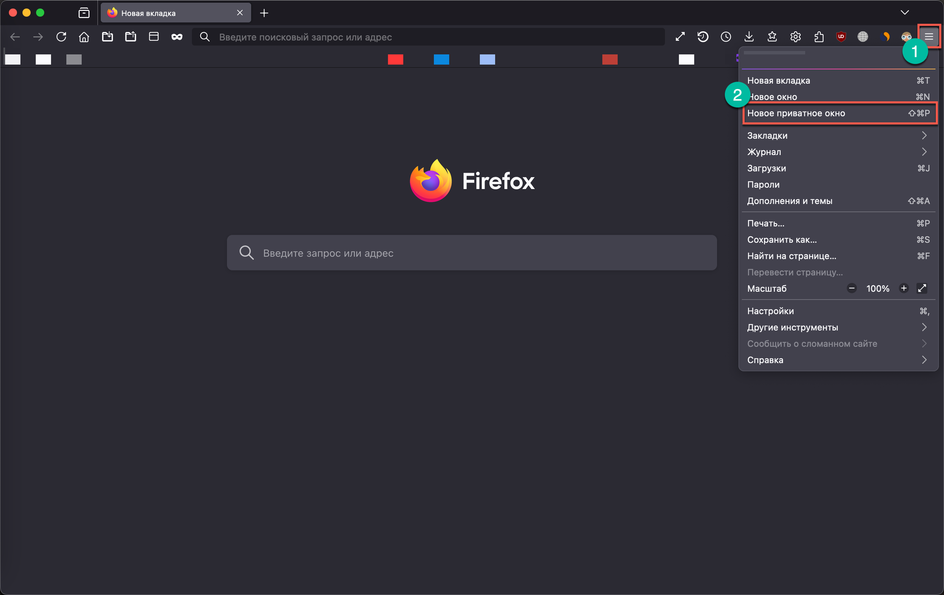 Скриншот браузера Firefox в режиме приватного просмотра