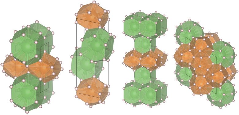 Кристаллические структуры гидридов лантана-магния. Слева направо — LaMgH8, La2MgH12, La3MgH16 и LaMg3H28. Источник: Григорий Шутов и др./Materials Today Physics
