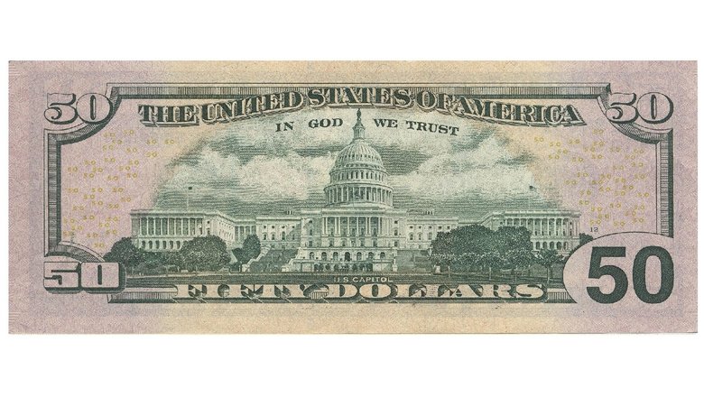 50 долларов 2004 года выпуска (реверс). 50 долларов 2004 года выпуска (реверс).