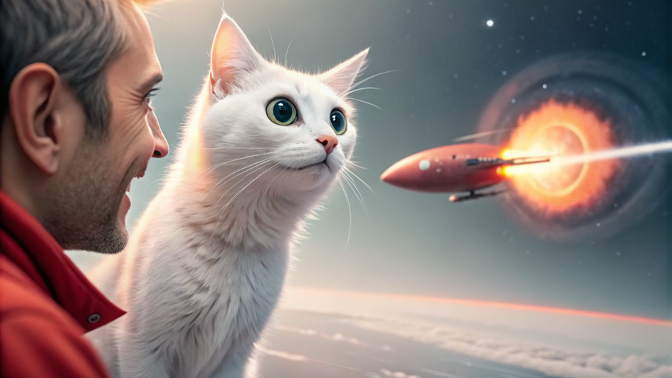 кошка с мужчиной на фоне космического корабля художественное изображение кошка с мужчиной на фоне космического корабля художественное изображение