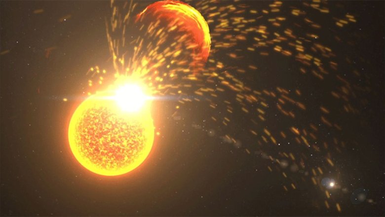 Имитация огромной солнечной вспышки. Согласно новому исследованию, именно такой шторм способствовал зарождению жизни на Земле. Изображение: NASA