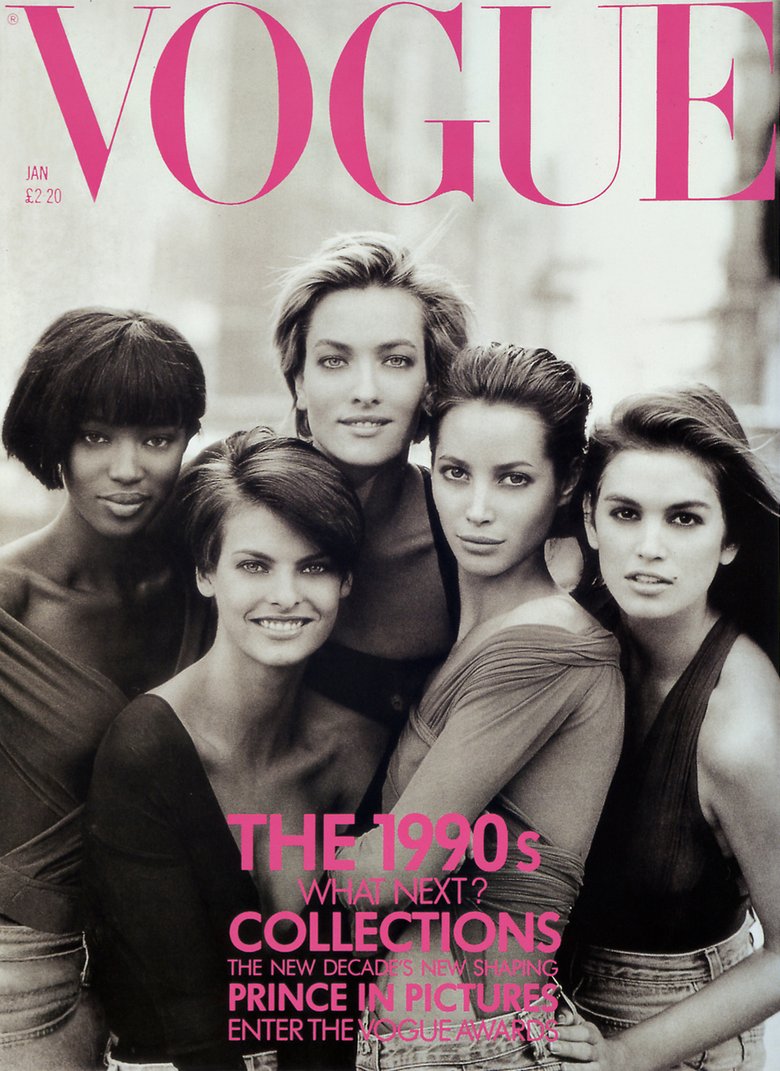 Обложка Vogue 1990 года с Синди Кроуфорд, Наоми Кэмпбелл, Линдой Евангелистой, Татьяной Патиц и Кристи Тарлингтон. Автор снимка — Питер Линдберг