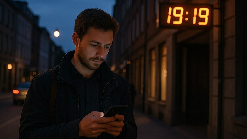 Мужчина-Стрелец смотрит на телефон стоя на улице на фоне часов, показывающие время 19:19 Мужчина-Стрелец смотрит на телефон стоя на улице на фоне часов, показывающие время 19:19