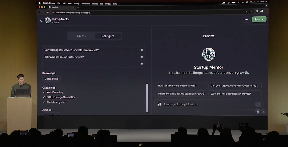 Сэм Альтман демонстрирует создание кастомной GPT, которая менторит стартапы