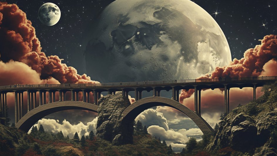 Железная дорога на фоне луны Железная дорога на фоне луны