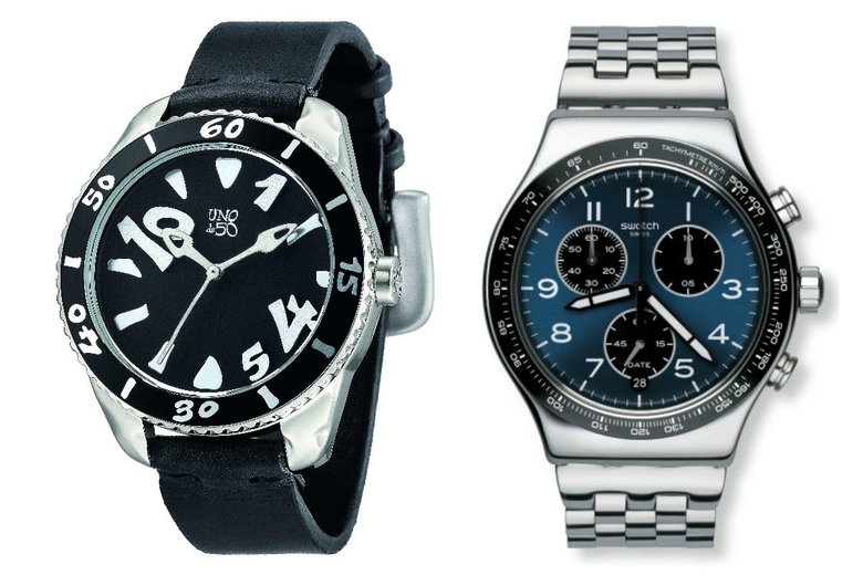 Слева: часы Unode50, 16 090 руб.; справа: часы, Swatch, 8450 руб. 