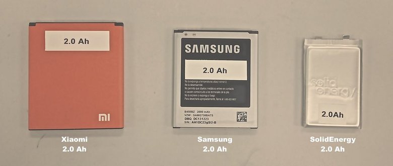 Сравнение размеров аккумуляторов одинаковой емкости от Xiaomi, Samsung и SolidEnergy 