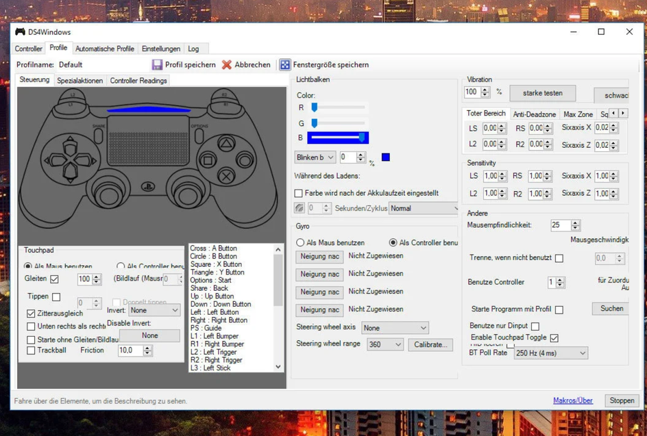 Скриншот окна программы DS4Windows