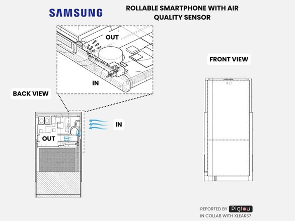 Патент Samsung на телефон с выдвижным экраном и встроенным анализатором воздуха.