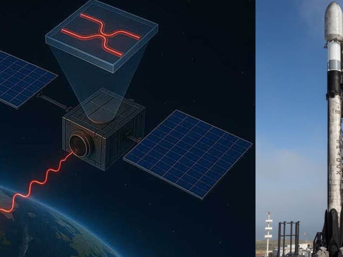 Иллюстрация спутника с квантовым компьютером (слева) Falcon 9 запуск Transporter-14 (справа)