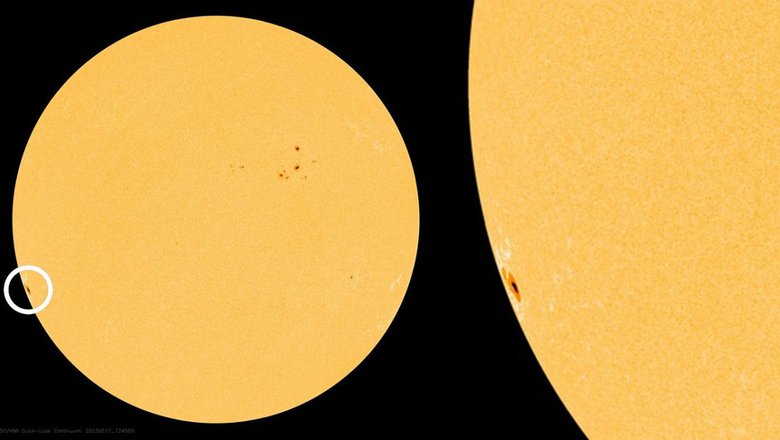 «Скрытое» солнечное пятно на юго-восточном крае звезды. Из-за столкновения его положительных и отрицательных полярностей ядер и произошла вспышка. Фото: NASA