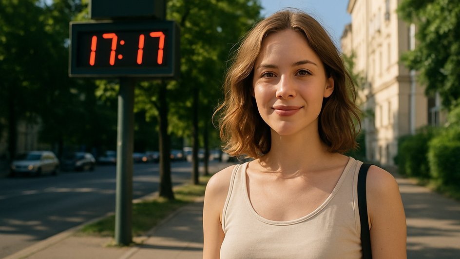 Женщина-Лев на фоне электронных часов, показывающие 17:17 Женщина-Лев на фоне электронных часов, показывающие 17:17