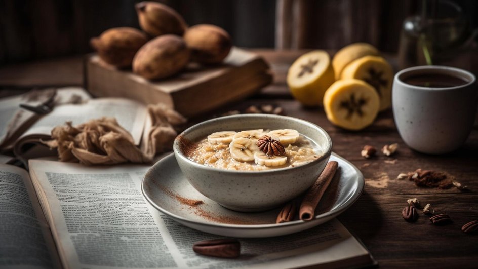 Тарелка овсянки с банановыми ломтиками, орехами пекан и палочкой корицы на фоне книг и фруктов.