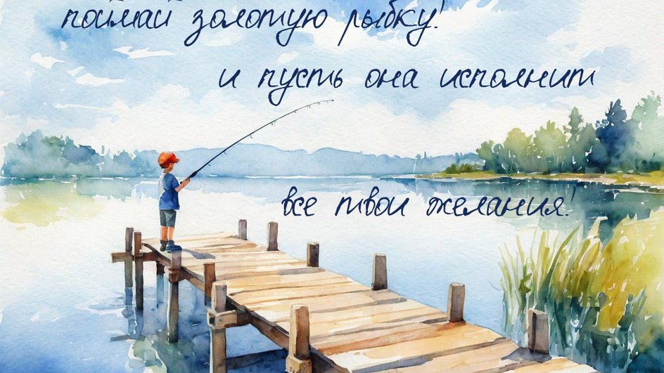 Мальчик с удочкой стоит на мосту и надпись "Поймай золотую рыбку и пусть она исполнит все твои желания"