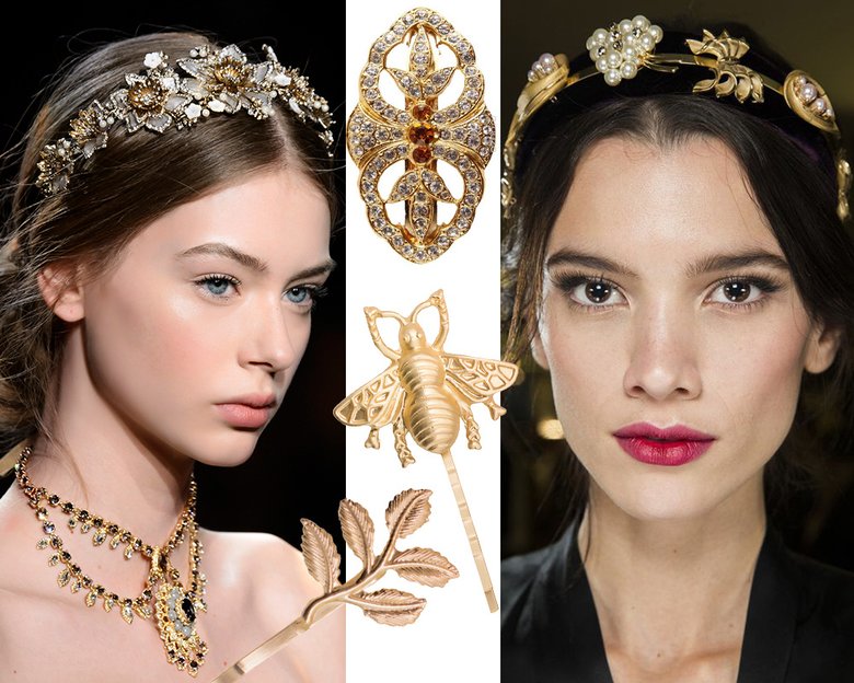Показы: Marchesa и Dolce & Gabbana. Зажим для волос «Нарядный» (ozon.ru); невидимки Bee It! и Babylon, все Nothing Special.