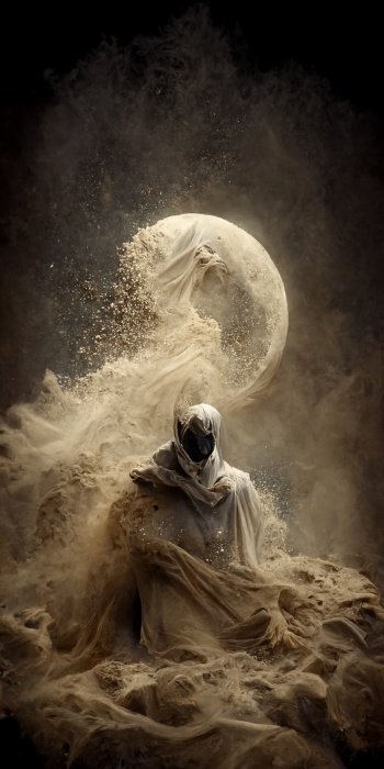 The Moon Knight dissolving into swirling sand, volumetric dust, cinematic lighting, close up portrait –ar 1:2 —q 2